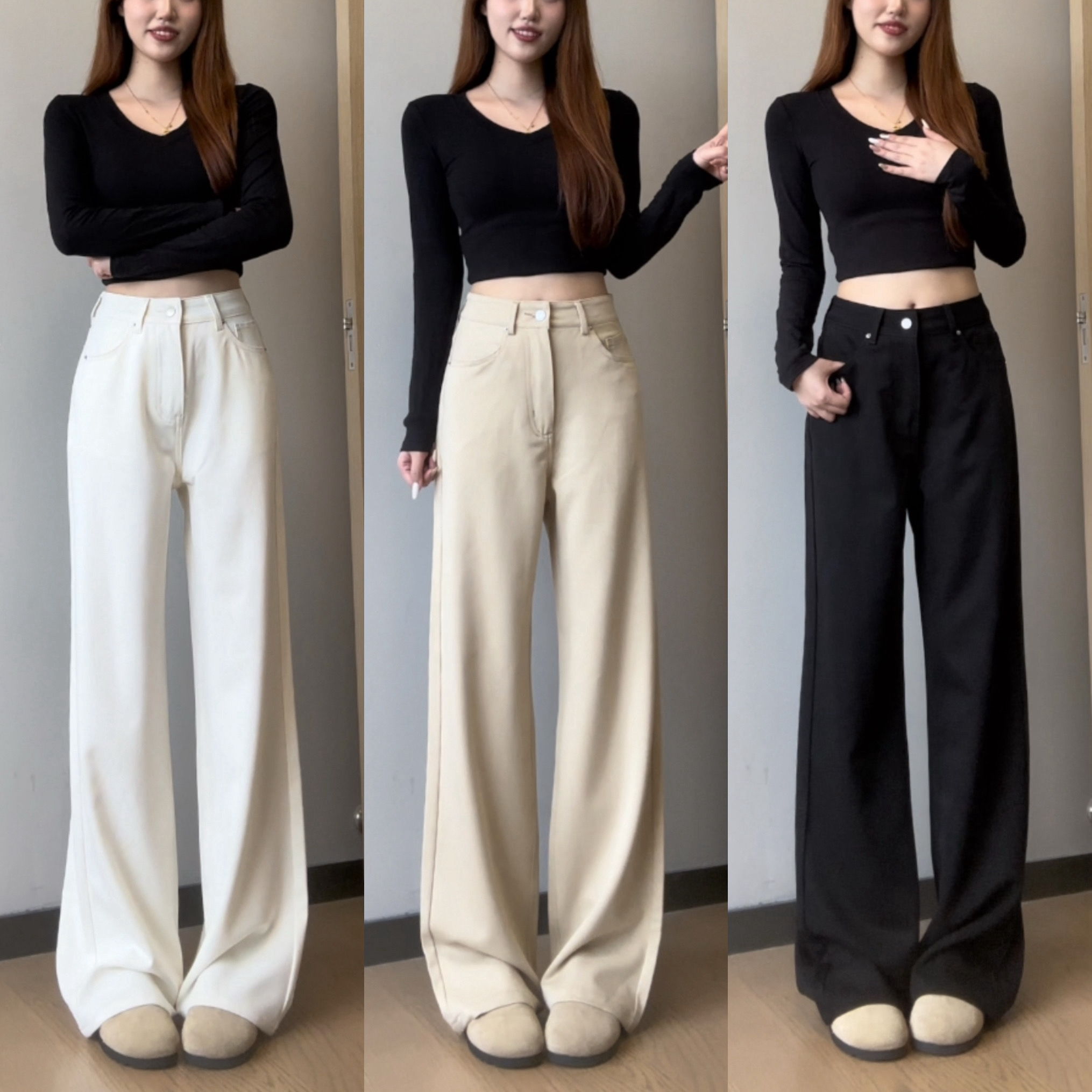 YZY 卡其色【抗皱垂顺面料】直筒阔腿YKK拉链显瘦百搭宽松微弹牛仔