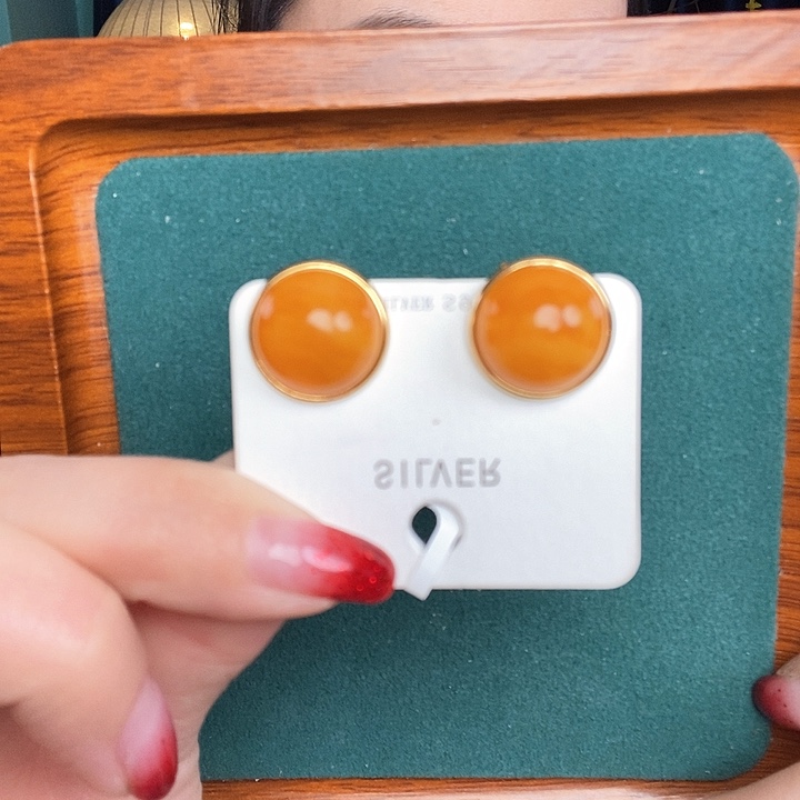 蜜蜡耳饰银S925镶嵌耳钉