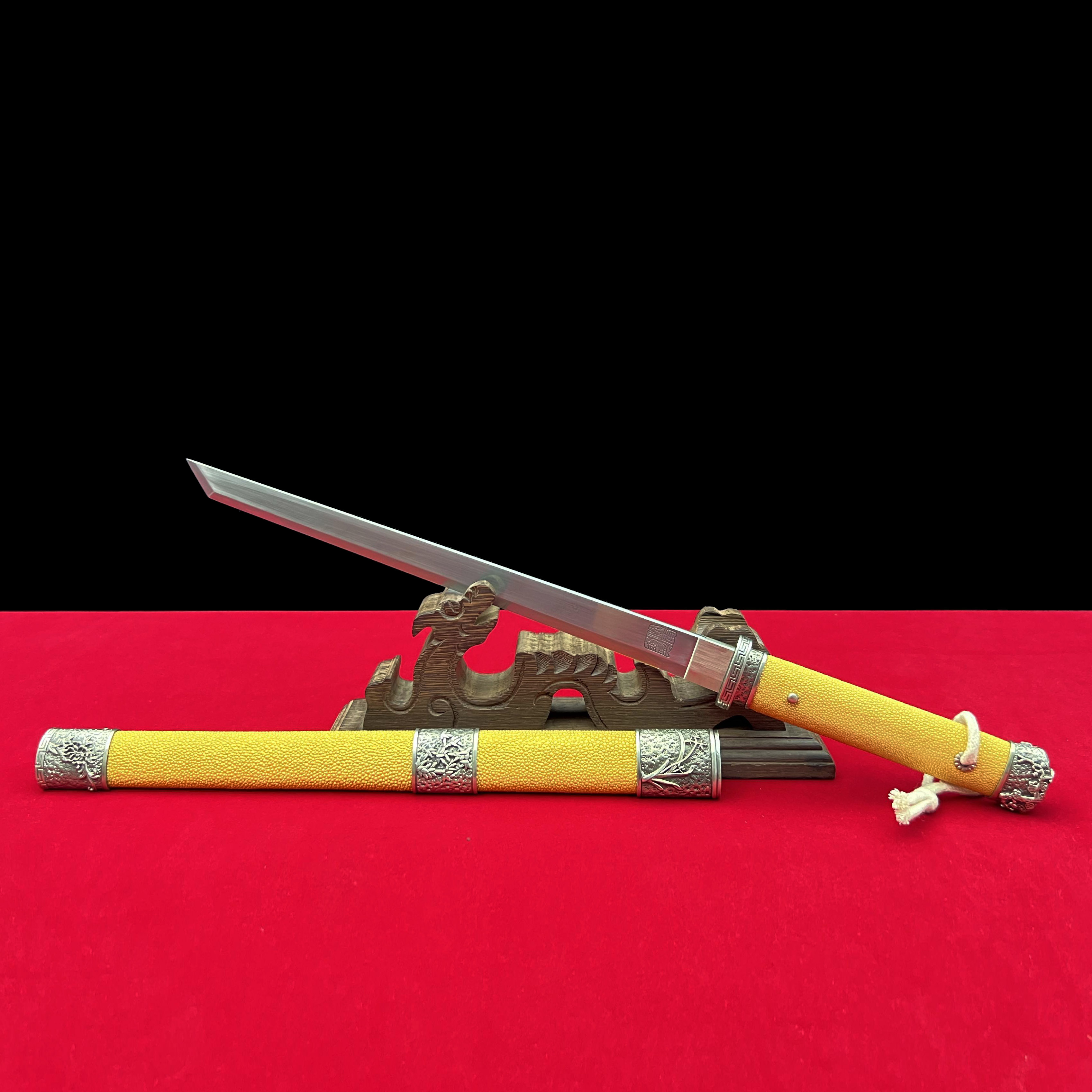 龙泉沈广隆-义信唐刀 白铜 鱼皮 花纹钢 手工锻打 宝剑 未开刃