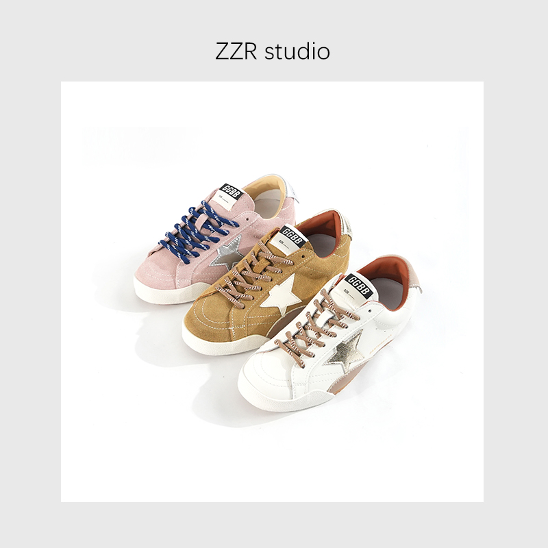 ZZR复古拼接双色系带做旧星星休闲鞋女新款时尚百搭板鞋