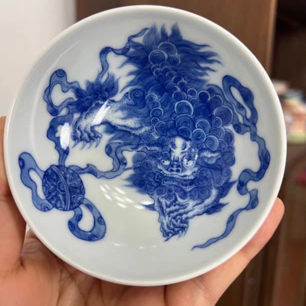 景轩柴窑手绘青花普洱狮子青花陶瓷手绘主人杯茶杯