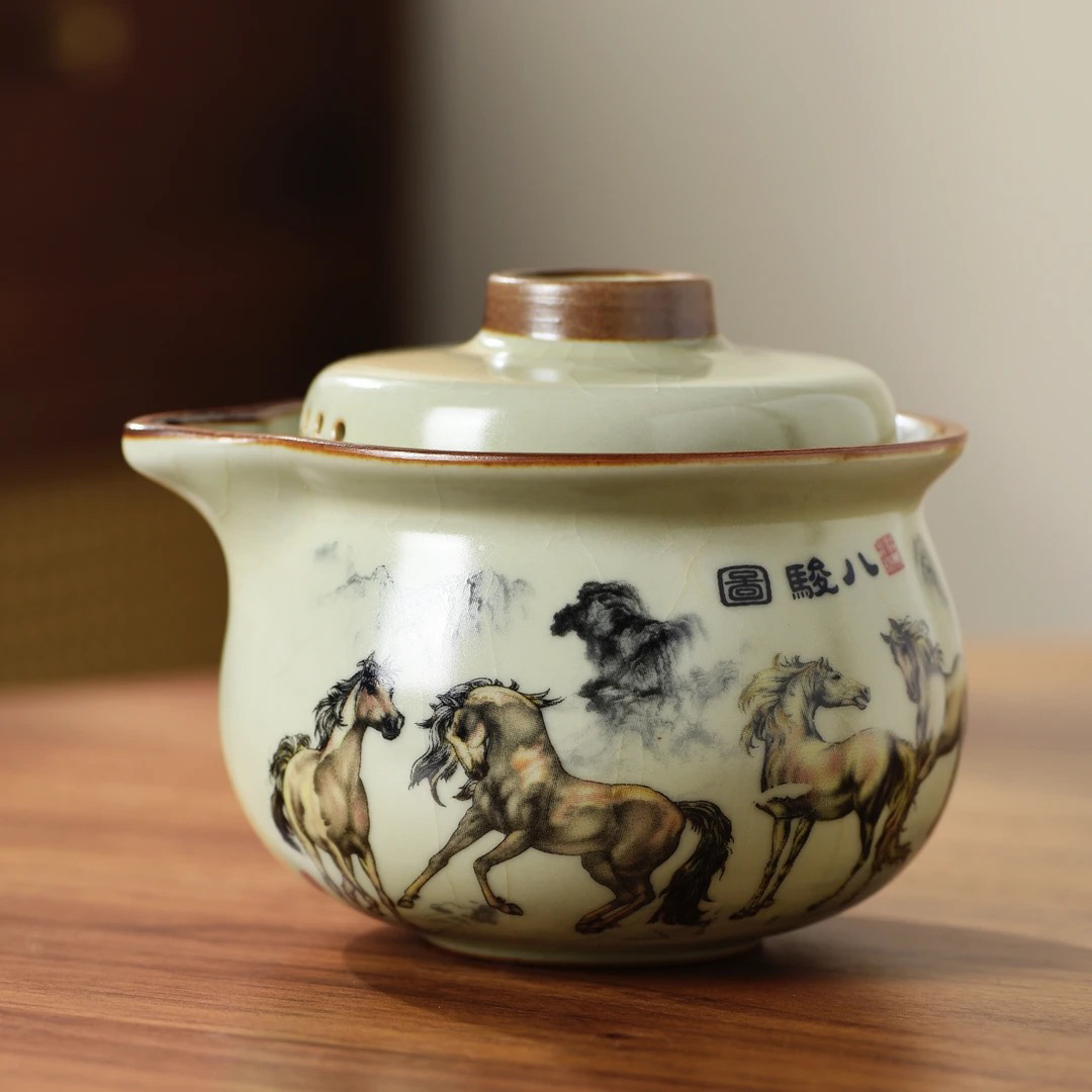 八骏图元宝手抓壶单壶茶壶汝窑陶瓷开片220毫升