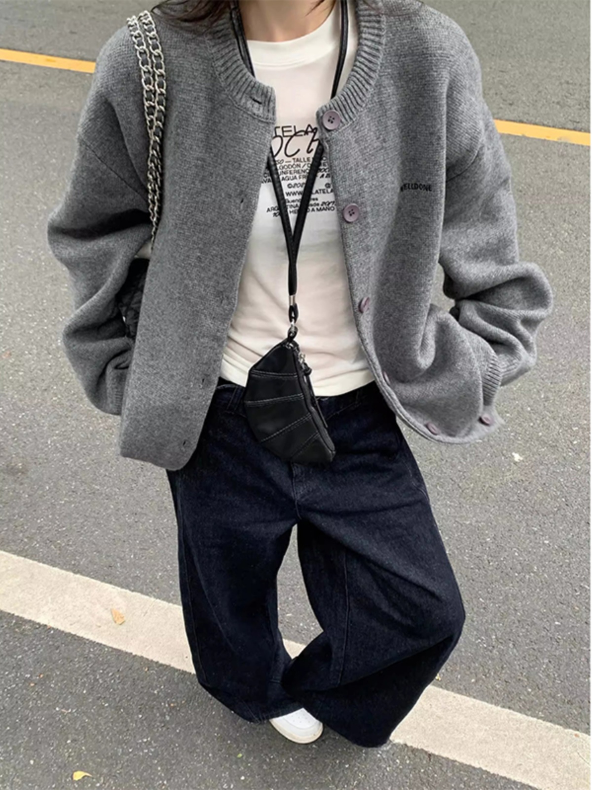 美式复古开衫毛衣外套女秋冬季学院风松弛感软糯百搭灰色针织上衣