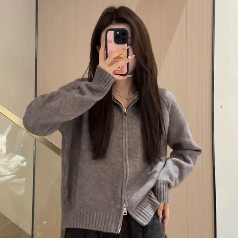 高质感针织卫衣女2025新爆款小个子短款双拉链毛衣开衫外套秋冬款