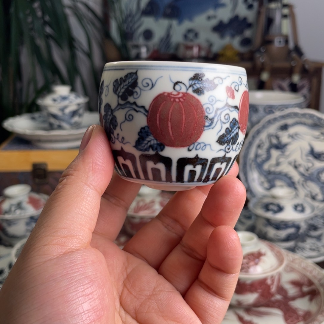 青花釉里红西瓜杯子微瑕