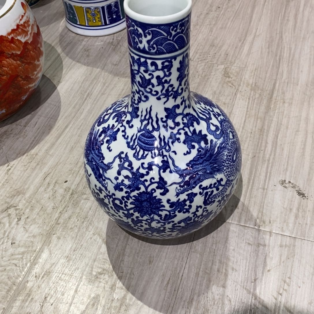 陶摆件32cm青花双龙戏珠天球瓶