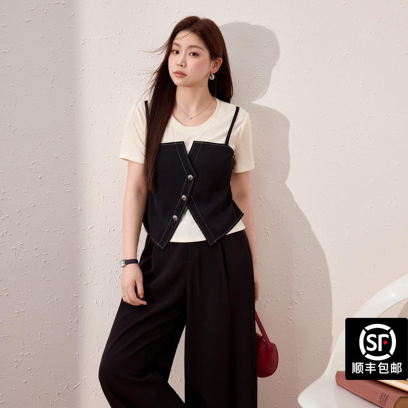 蓝语大码女装时尚撞色假两件短袖T恤2025夏季巨显瘦正肩别致上衣