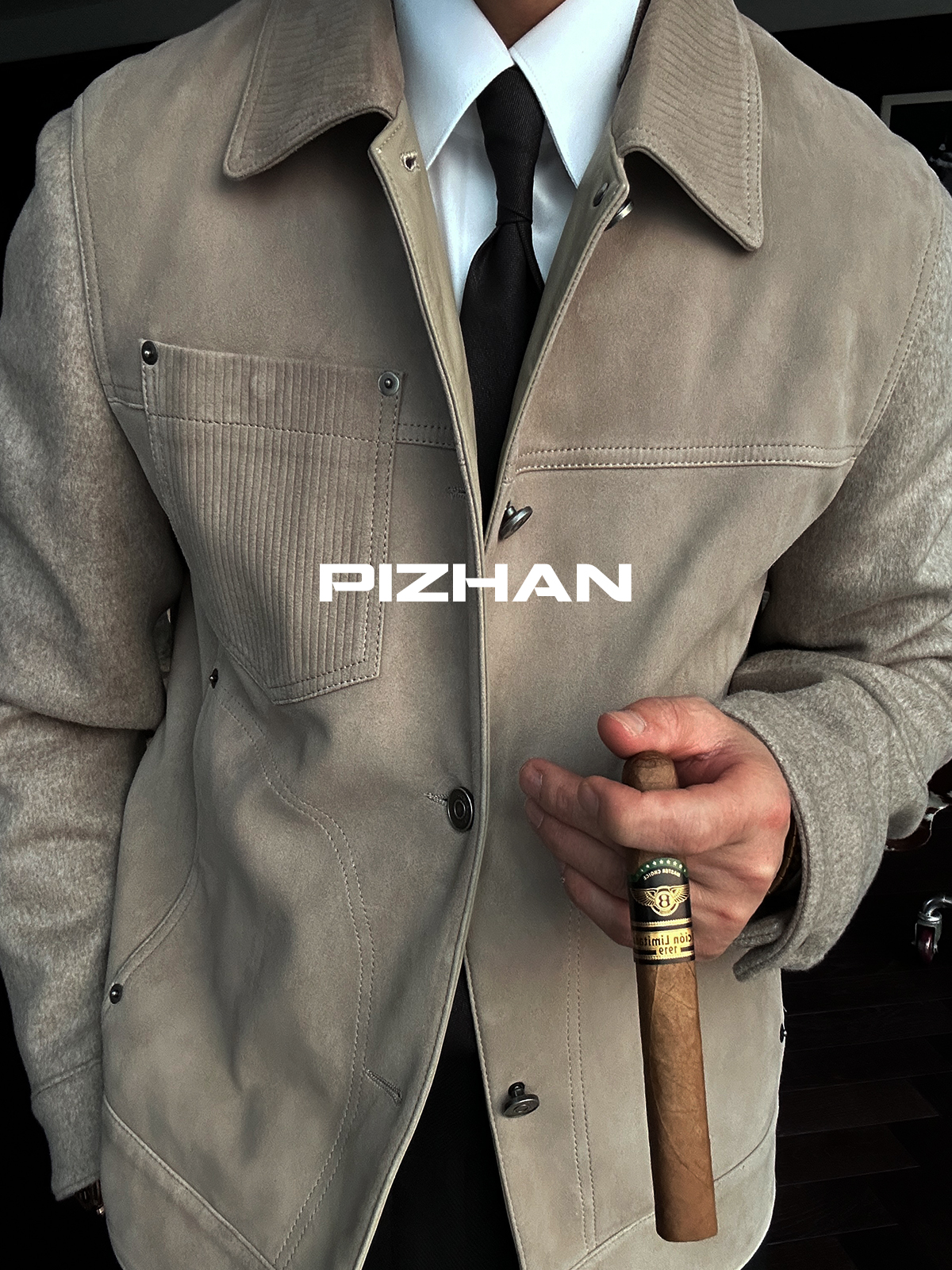 PIZHAN/皮展  高定A24006羊皮绒面夹克真皮皮衣男外套冬