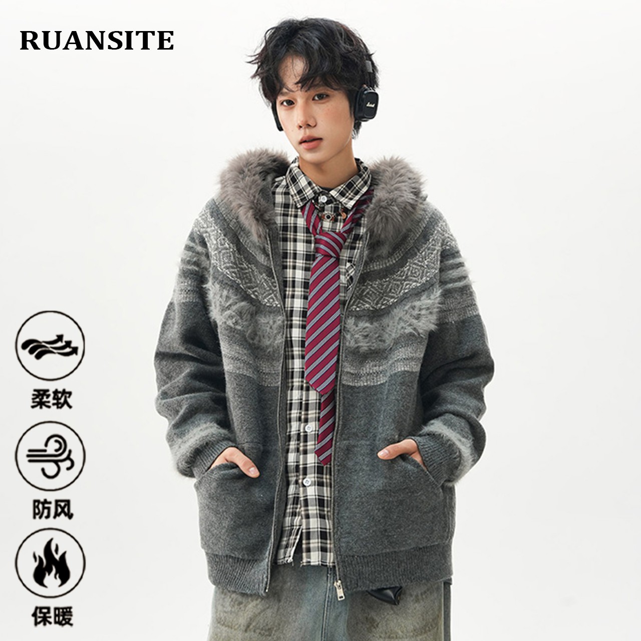 RUANSITE新款提花费尔岛毛衣2025爆款男女款秋冬毛领针织开衫外套