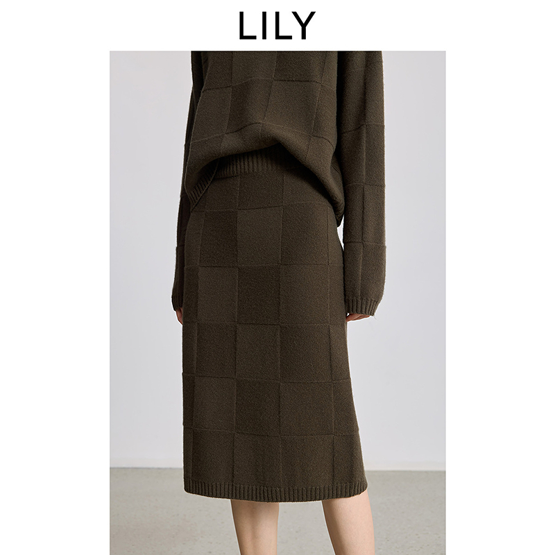 100%羊毛LILY2025冬新款复古格纹通勤直筒裙半身裙女125429C6218