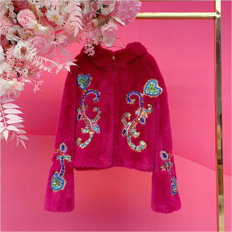 A4908欧美设计师2025冬季新款重工钉钻刺绣亮片爱心珊瑚绒外套女