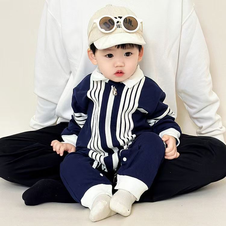新款春秋款双层贴标八竖条翻领双拉链男女宝婴幼长袖连体衣爬爬服