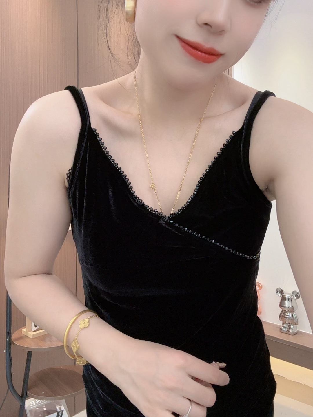 宽松型潮流风修身型常规背心吊带性感秋冬冬季丝绒串珠6758