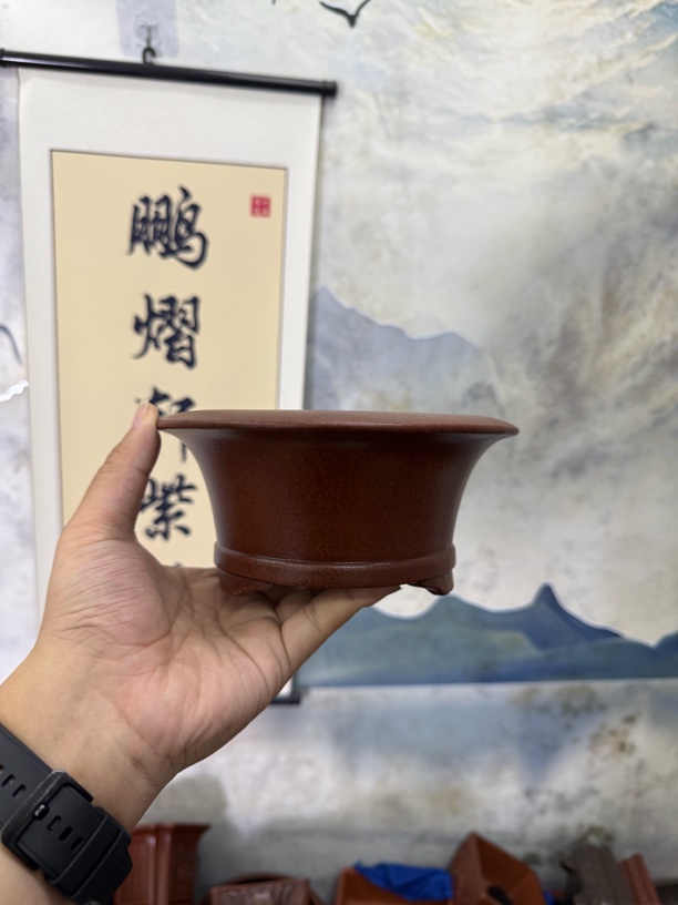 宜兴紫砂花盆内经14*7cm红清水仿古圆形票口束腰斗笠盆盆景盆