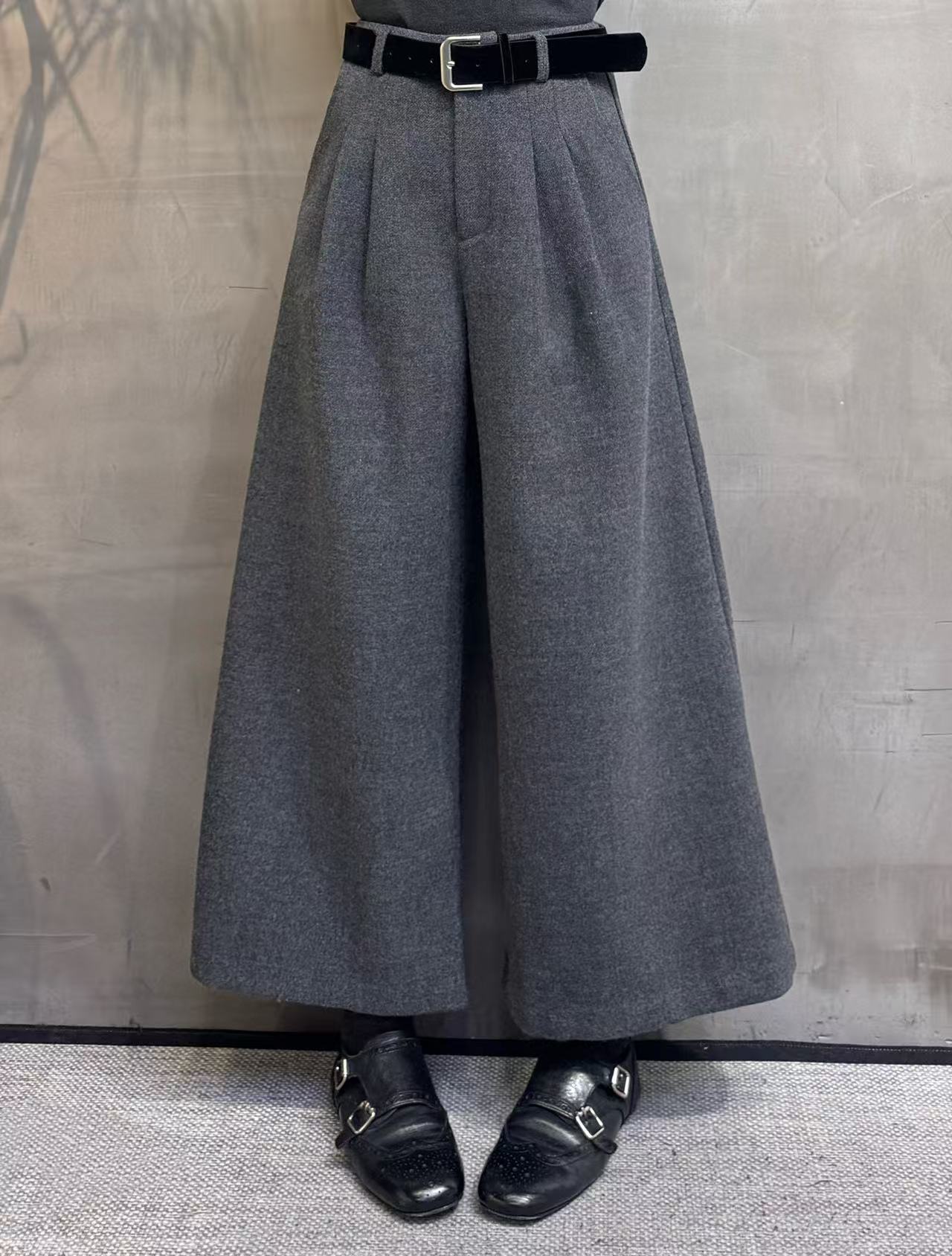 7015#秋冬新款欧货高腰羊毛呢阔腿裤女宽松休闲直筒七分裤中裤