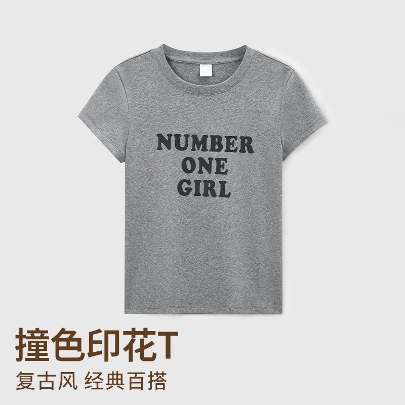 2527#小圆领正肩短袖T恤女夏季新款简约字母印花休闲百搭上衣小衫