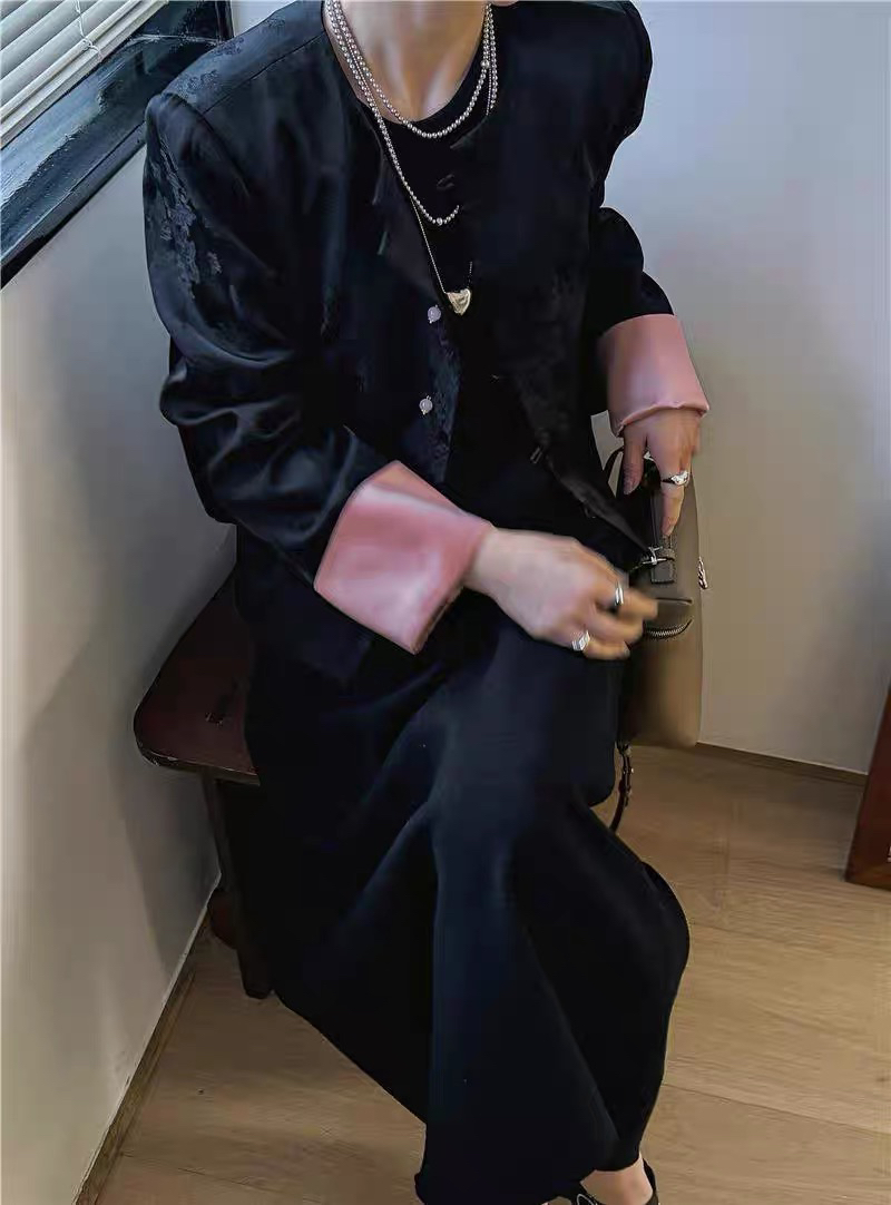 新中式醋酸提花袖口拼色外套