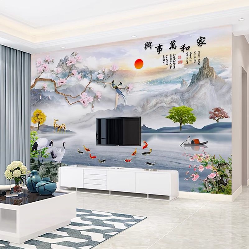 碳晶板电视背景墙新中式山水画客厅高光背景墙竹炭集成墙面板快装