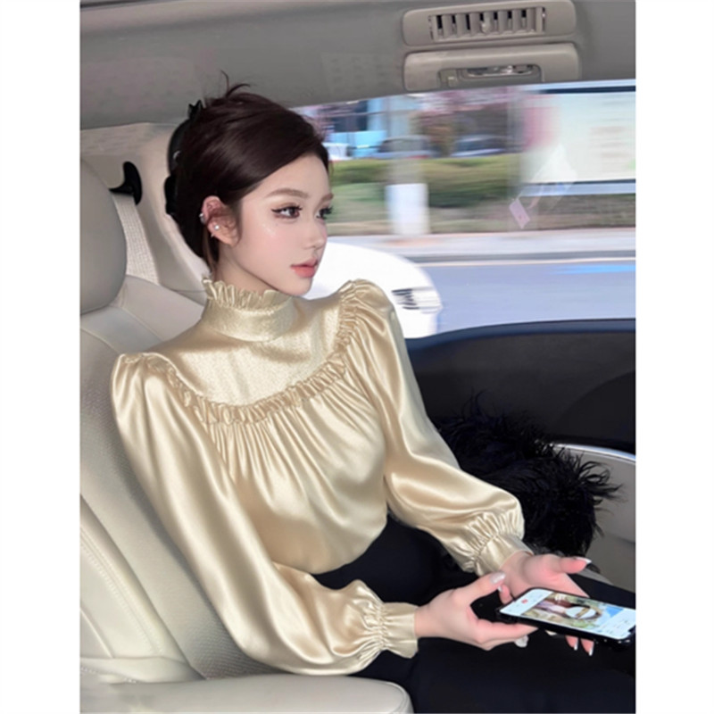 法式杏色高领荷叶边缎面衬衫女春秋季新款高级感轻奢洋气减龄衬衣