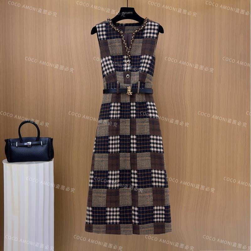 [曼姐]秋冬法式设计师爆款女装拼接收腰显瘦气质连衣裙WXH1032