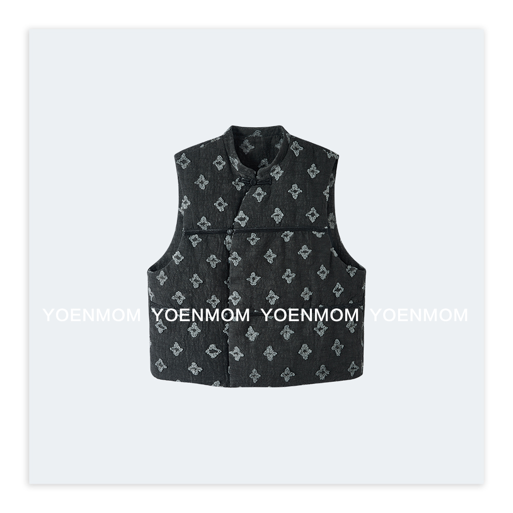 YOENMOM·老钱花·棉质立体磨毛提花小众设计款轻国风斜襟鹅绒马甲