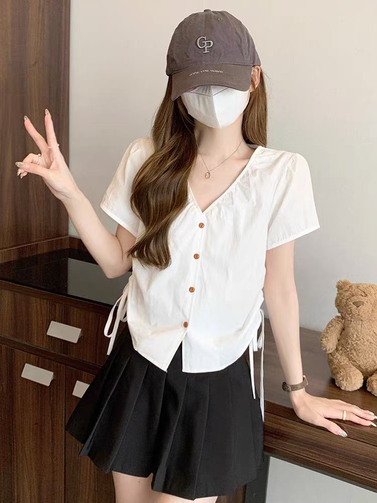编号对应衣服 法式设计感抽绳短袖衬衫女装夏季显瘦独特减龄上衣