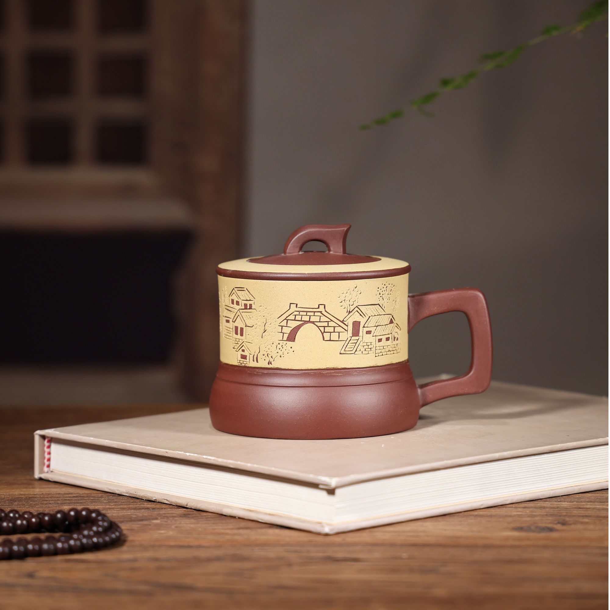 【盼盼紫砂- 一帆风顺杯】紫泥粉浆 刻绘小桥流水  原矿紫砂手工杯