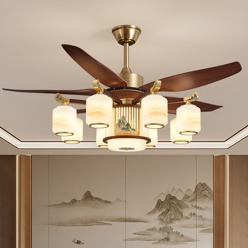 新中式餐厅风扇灯中国风直叶吊扇灯家用大气中式禅意带灯电风扇灯