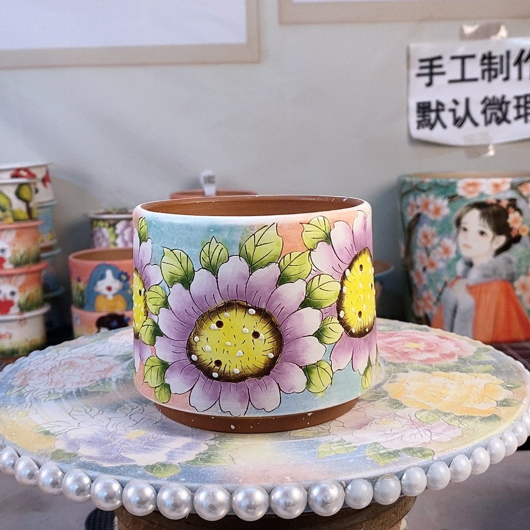 紫砂花盆红陶手绘花盆