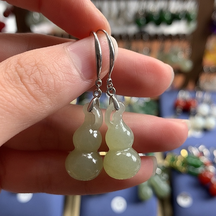 和田玉银S925镶嵌耳饰葫芦22左右晴水