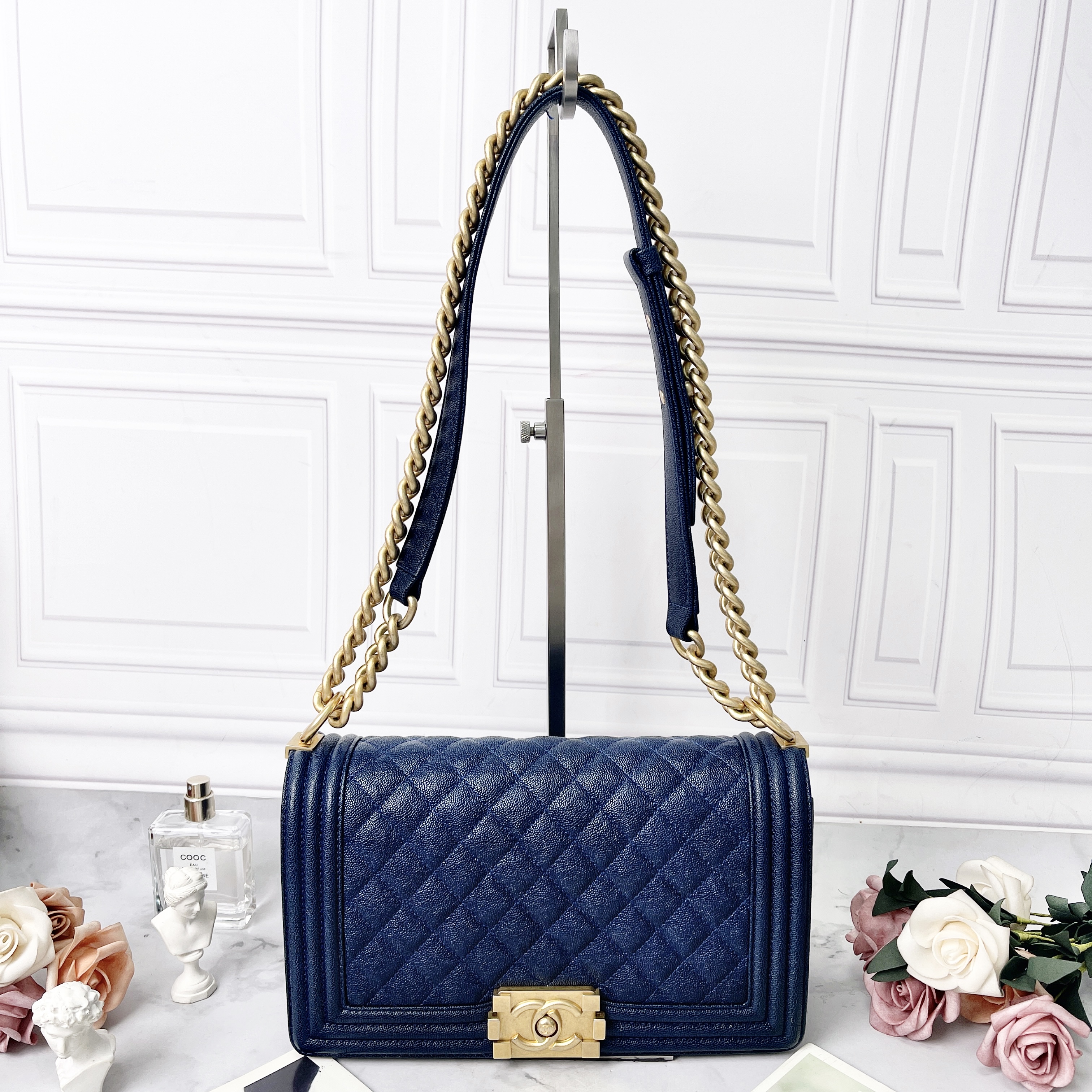 95新 Chanel/香奈儿 Chanel/香奈儿海军蓝中号leboy荔枝皮单肩