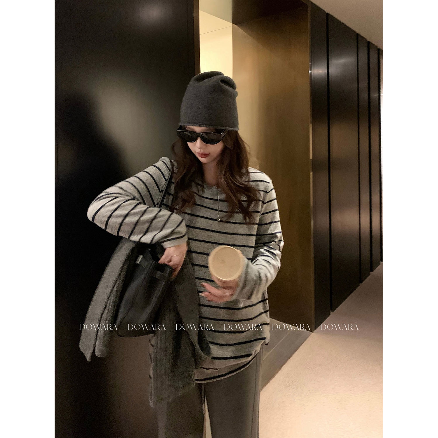 现货1385D大婉酱微胖定制韩系懒人条纹糯叽叽磨毛感上衣圆领T恤女