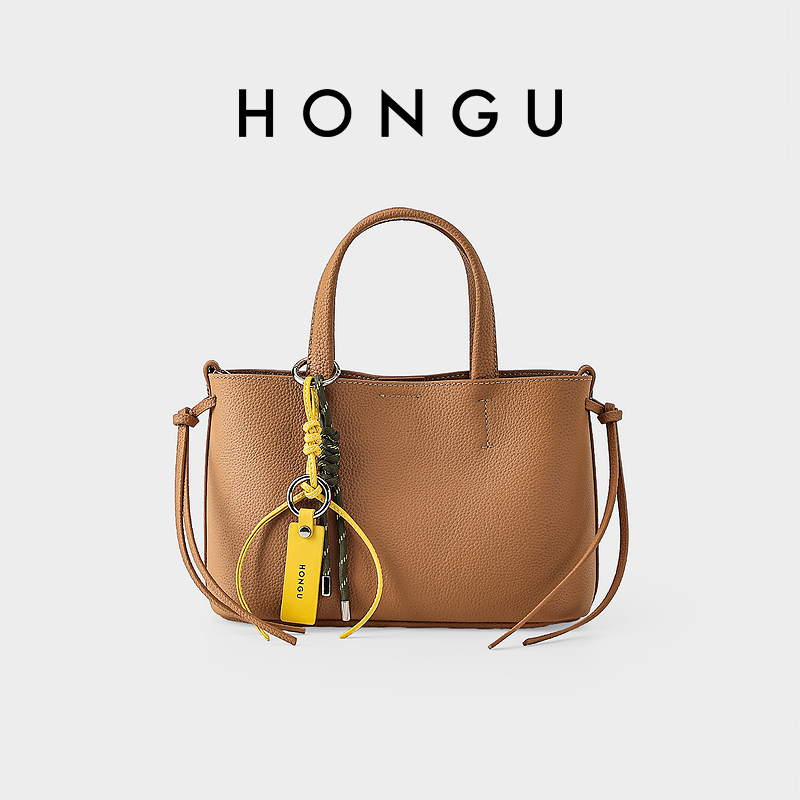 HONGU/红谷新款质感真皮腋下包通勤上班牛皮单肩托特包女简约桶包