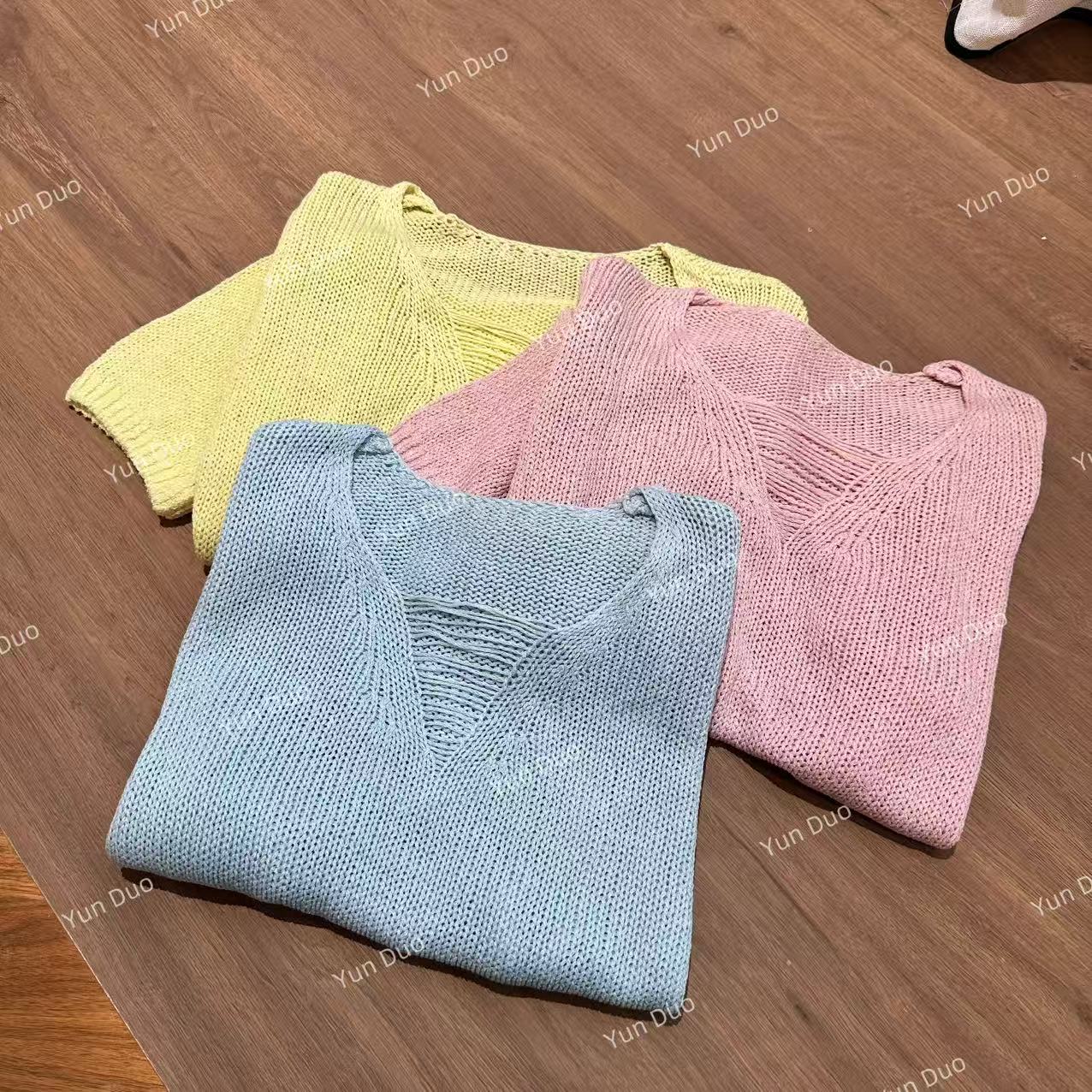 云朵定制 亚麻莱赛尔拉丝V领针织短袖IV26