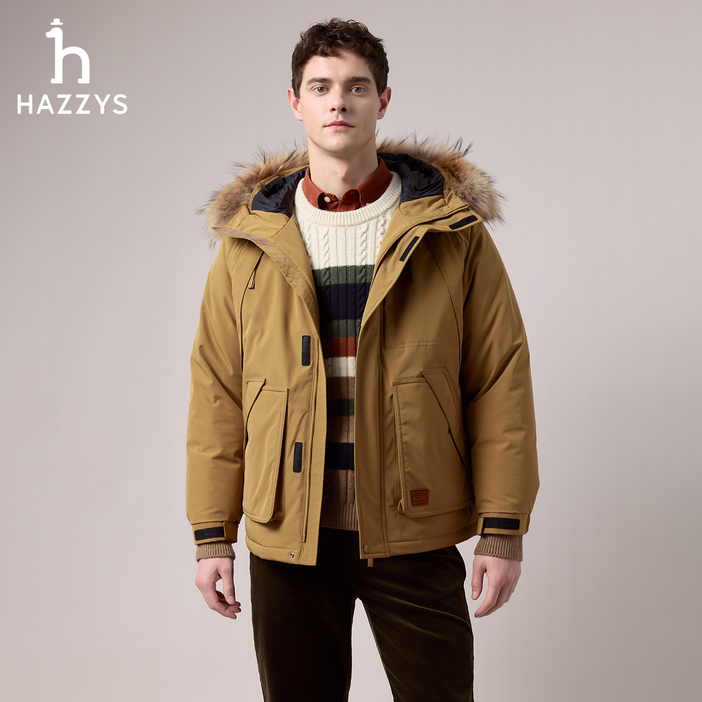 【商场同款】HAZZYS哈吉斯男士冬季毛领羽绒服时尚休闲加厚外套