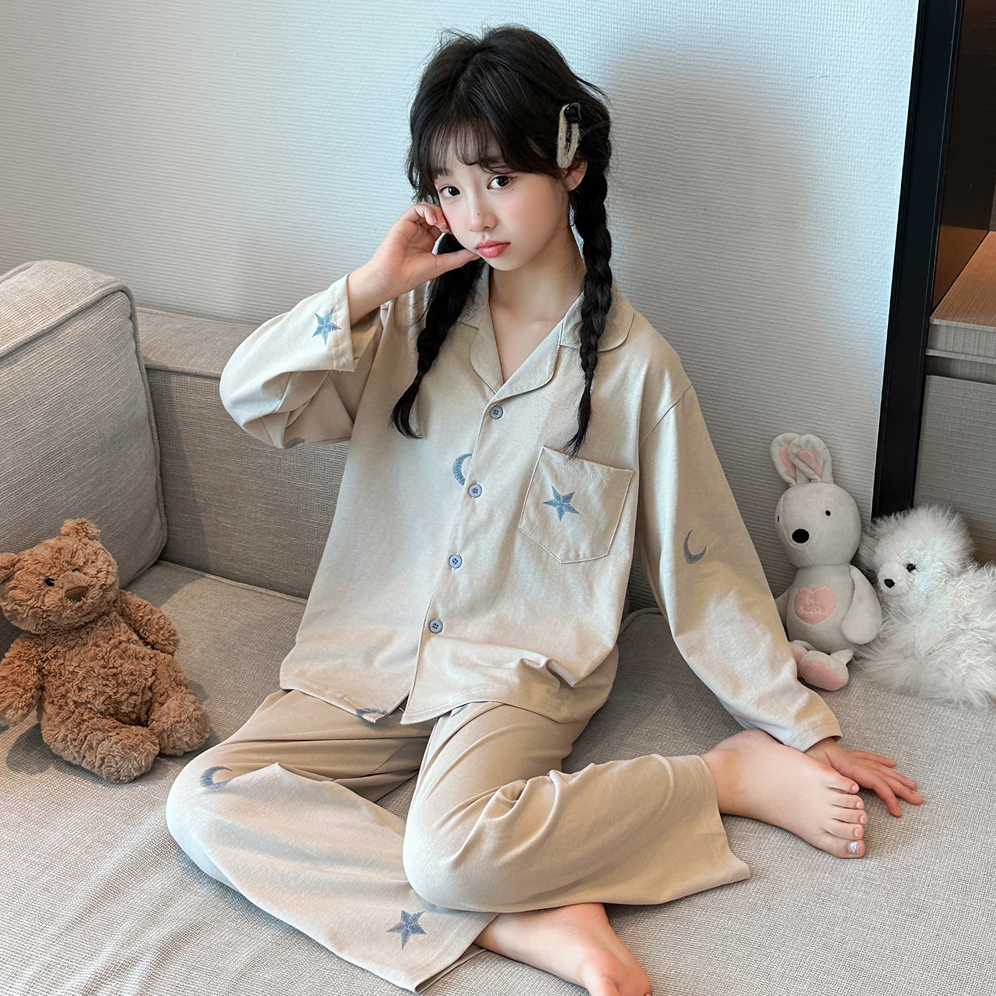 儿童长袖睡衣春秋季女童开衫家居服6-12岁小女孩棉休闲套装两件套