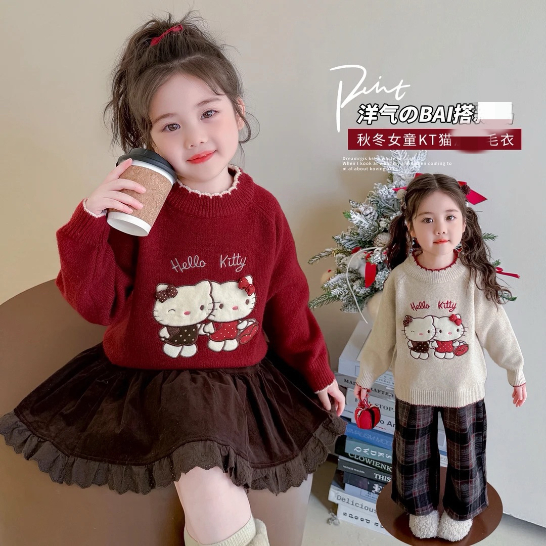 刺绣kt猫女童洋气套头毛衣冬装2025新款儿童圣诞节保暖打底针织衫