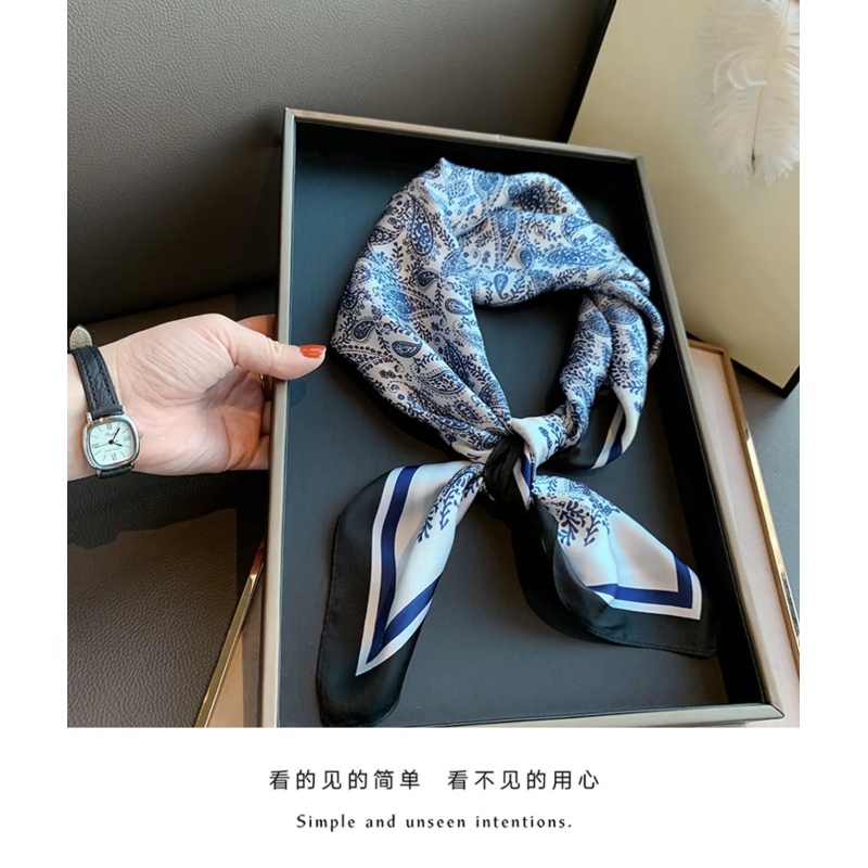 A09蓝白腰果花小方巾丝巾女春秋搭配衬衫职业围巾67*67{无礼盒}