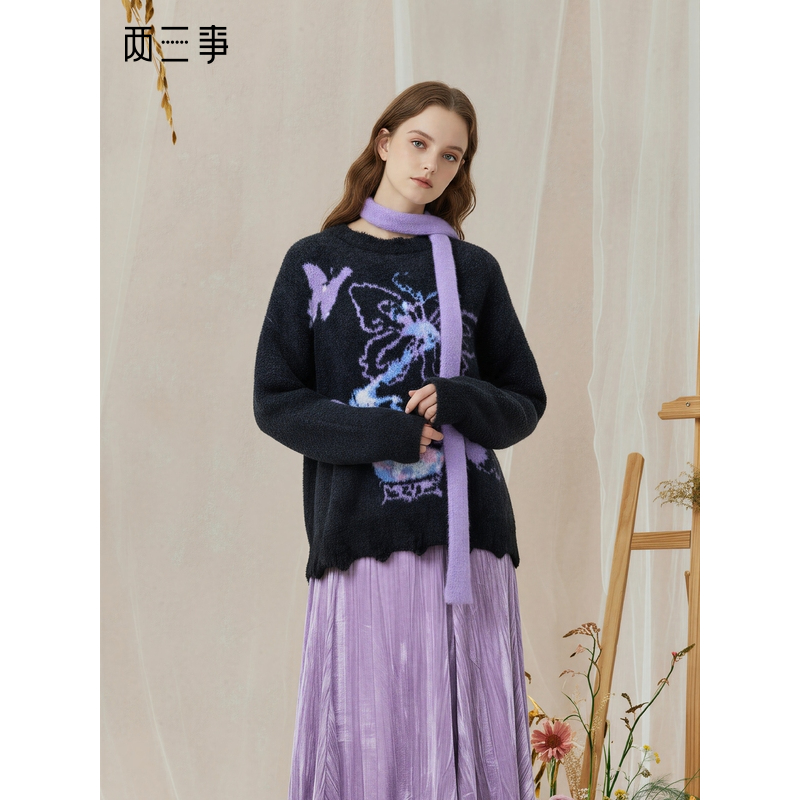 两三事暮夜凝香复古蝴蝶提花套头毛衣女配围巾S25DMY382