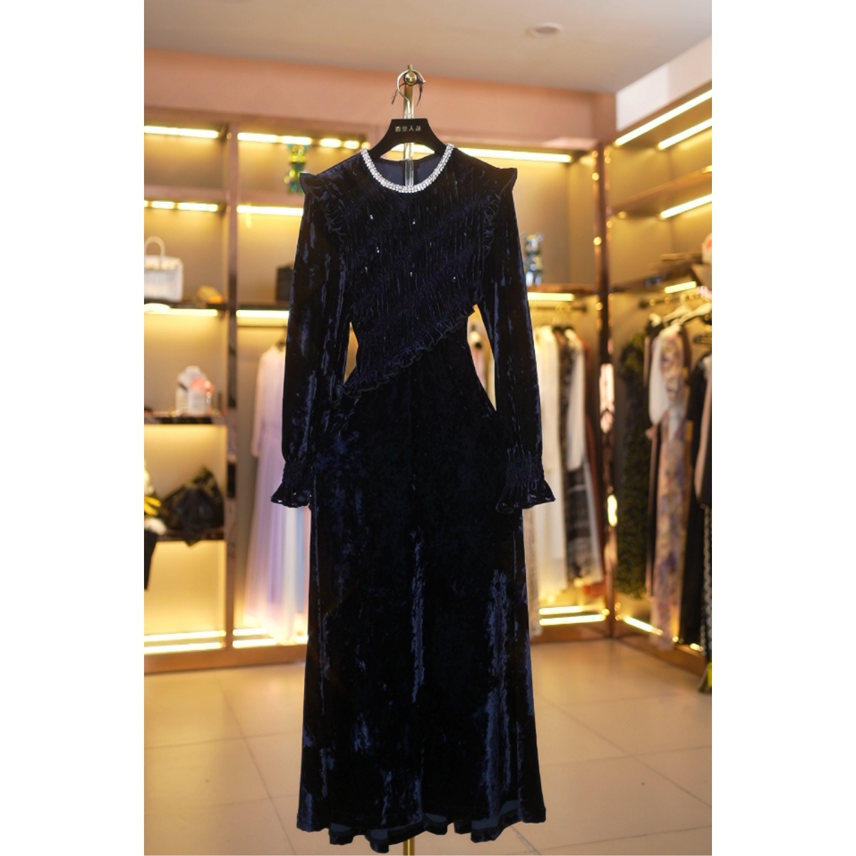 【娟专属】重工带钻暗夜幽蓝流光秋冬法式优雅连衣裙7063-3