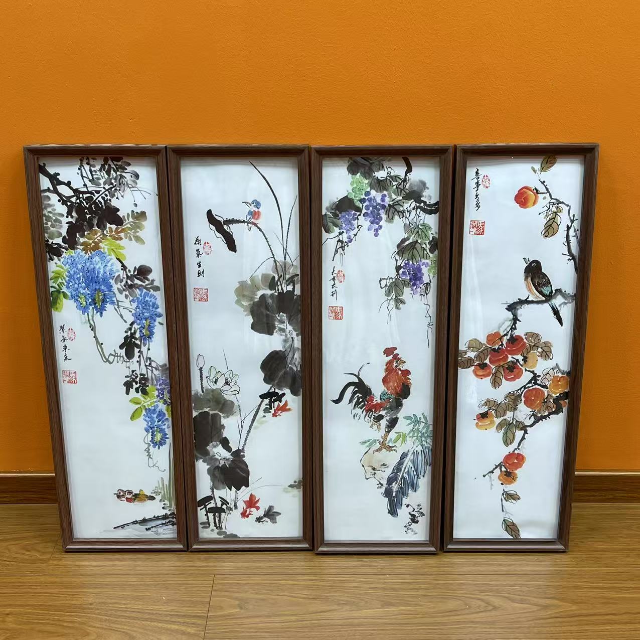 马迎春《花鸟四条屏》带框 国墨堂