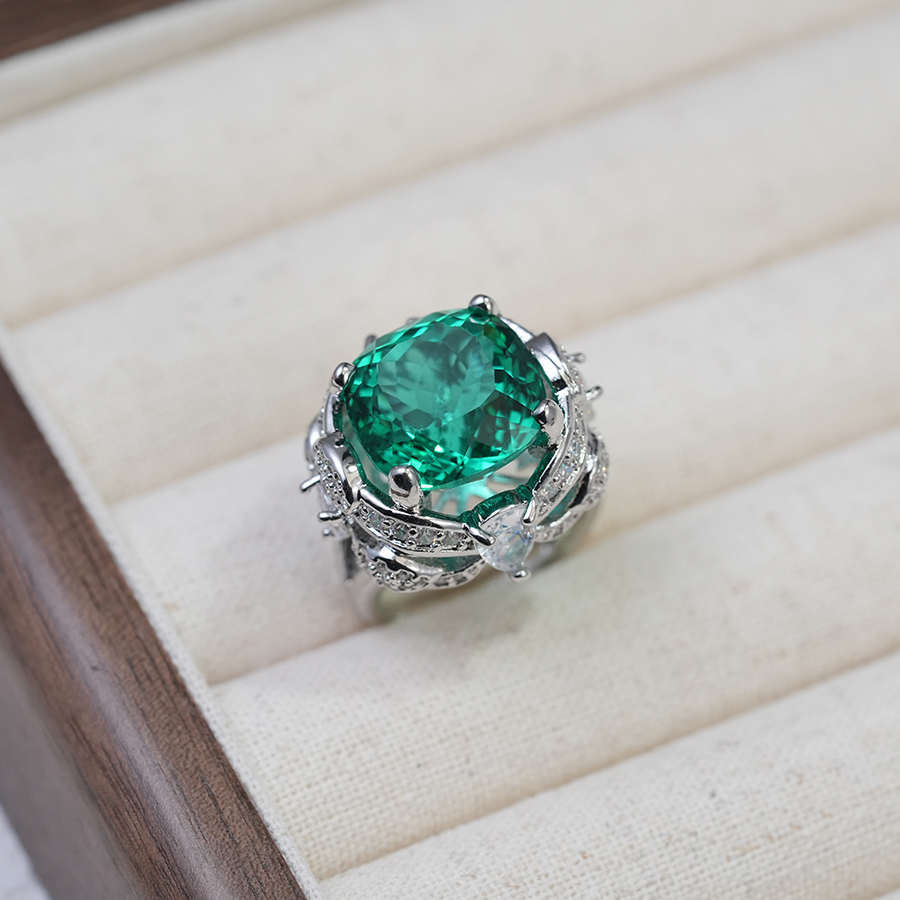 铜合金戒指 海蓝绿色吊坠大克拉中古肥方戒指绿钻戒指-5718