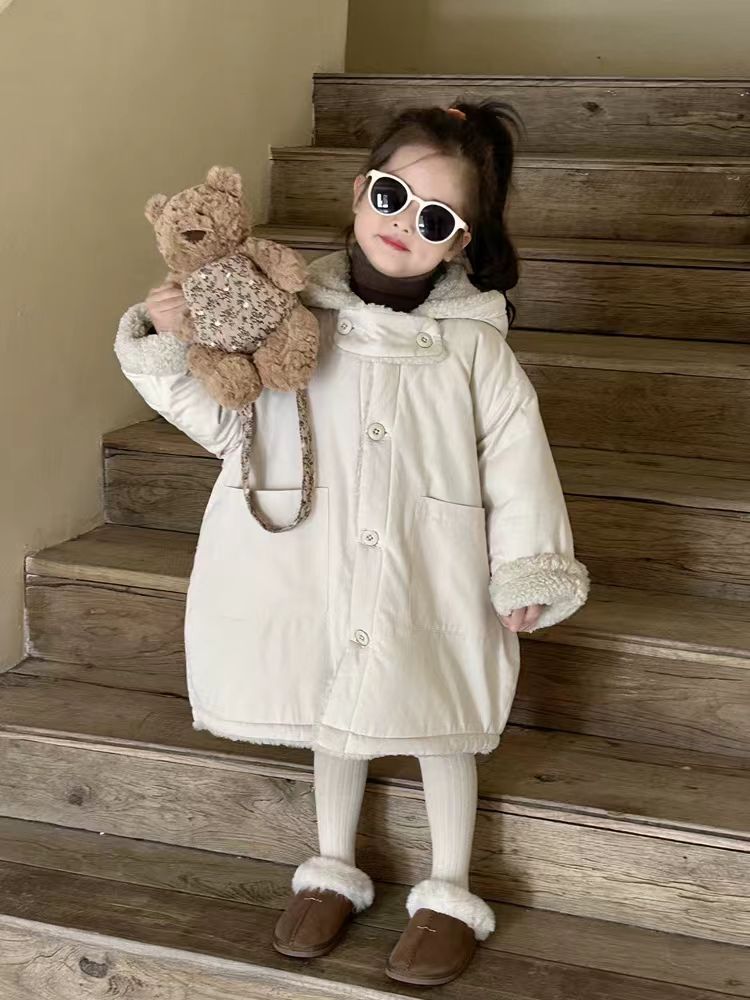 儿童韩系纯色连帽毛毛棉衣冬季新品女童米色中长款加绒棉外套棉袄