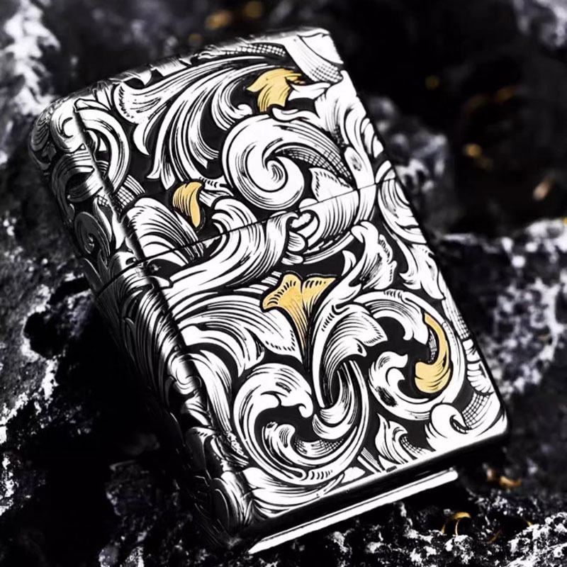 Zippo打火机-重甲错金银工艺五面深雕繁花大唐草 钢机套壳DYJ1