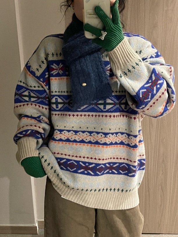 韩国正品蓝色提花毛衣