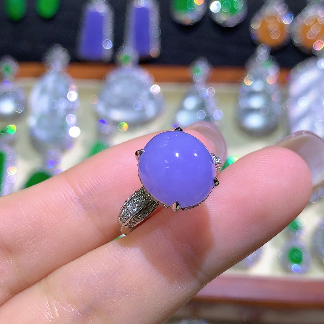 翡翠18K金镶嵌戒指高冰紫罗兰蛋面戒指