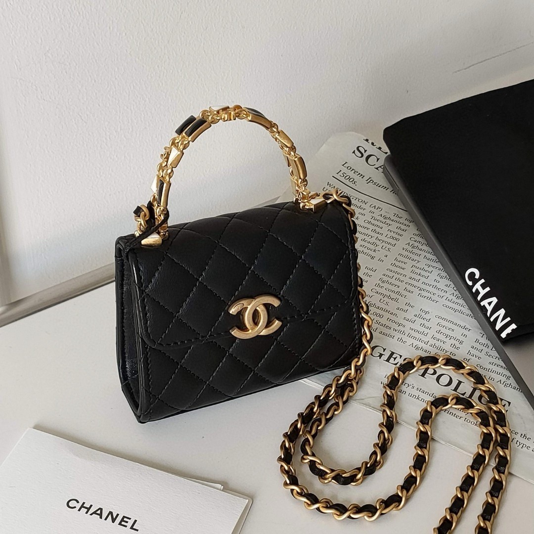 95新 Chanel/香奈儿  22B黑金羊皮珐琅手柄Kelly mini斜挎包38704