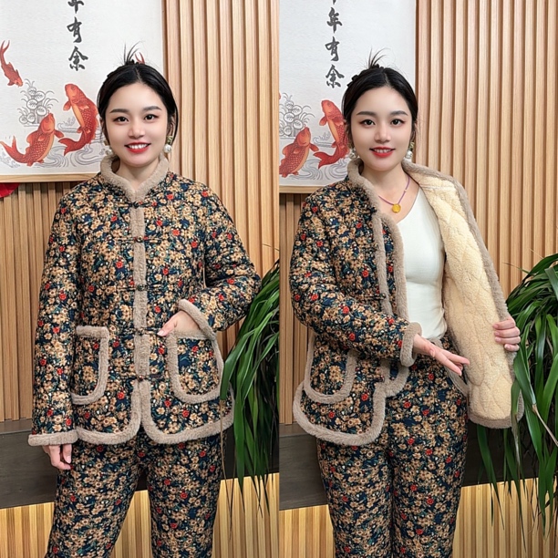 冬季女装棉袄棉裤两件套成人棉服套装双面绒保暖睡衣厚款夹棉洋气