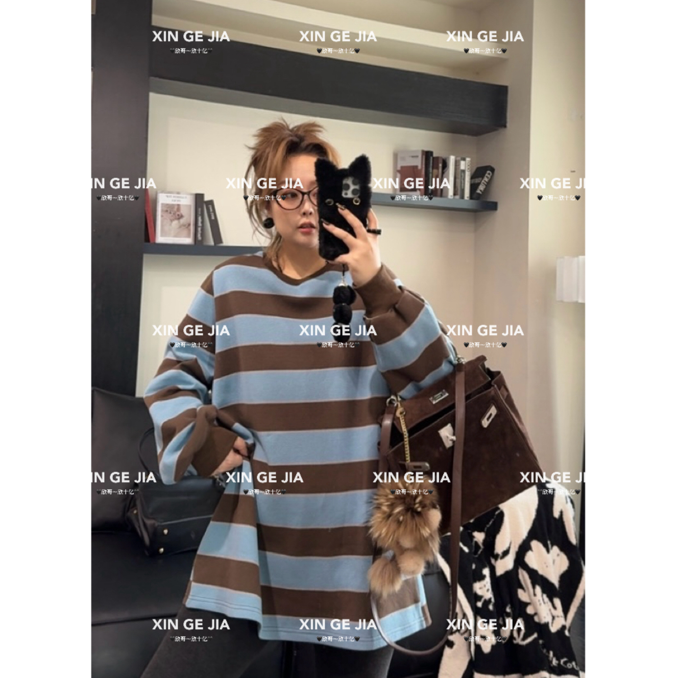 【欣哥】 “撞色蓝咖”条纹正肩 微胖大码不加绒卫衣 T