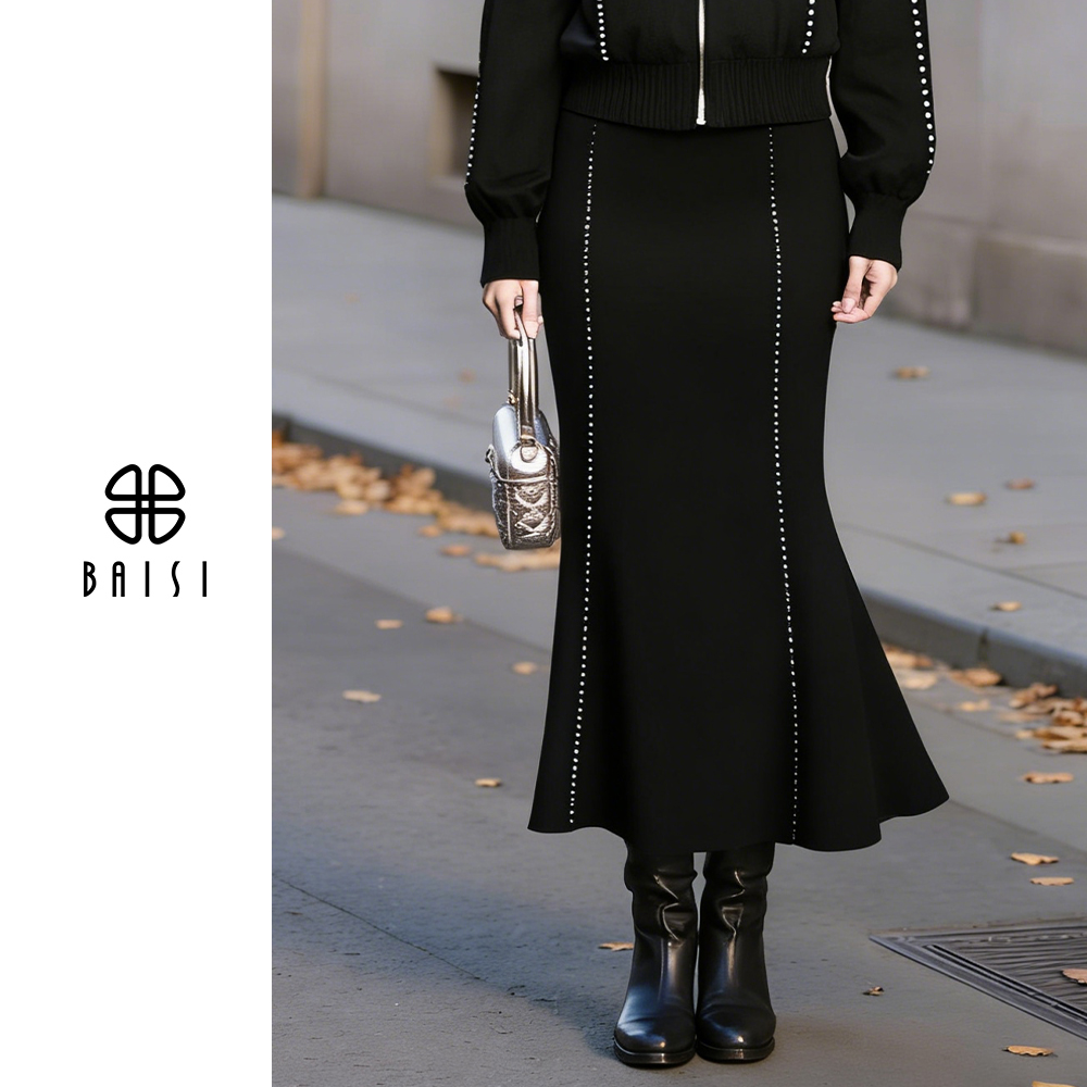 BAISI/百丝法式冬季优雅奥钻钉珠鱼尾半身裙黑色气质修身隐藏拉链